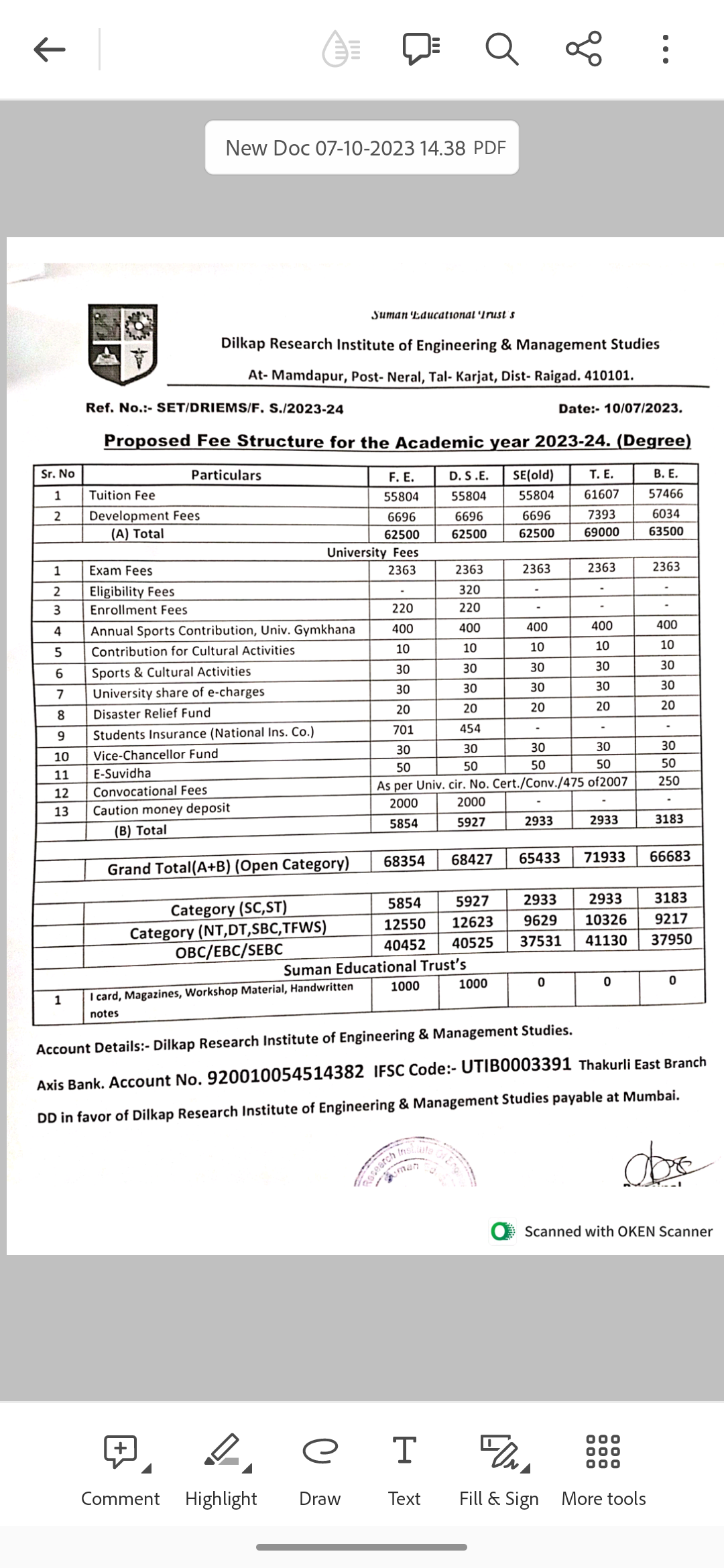 Admission fees and bank details